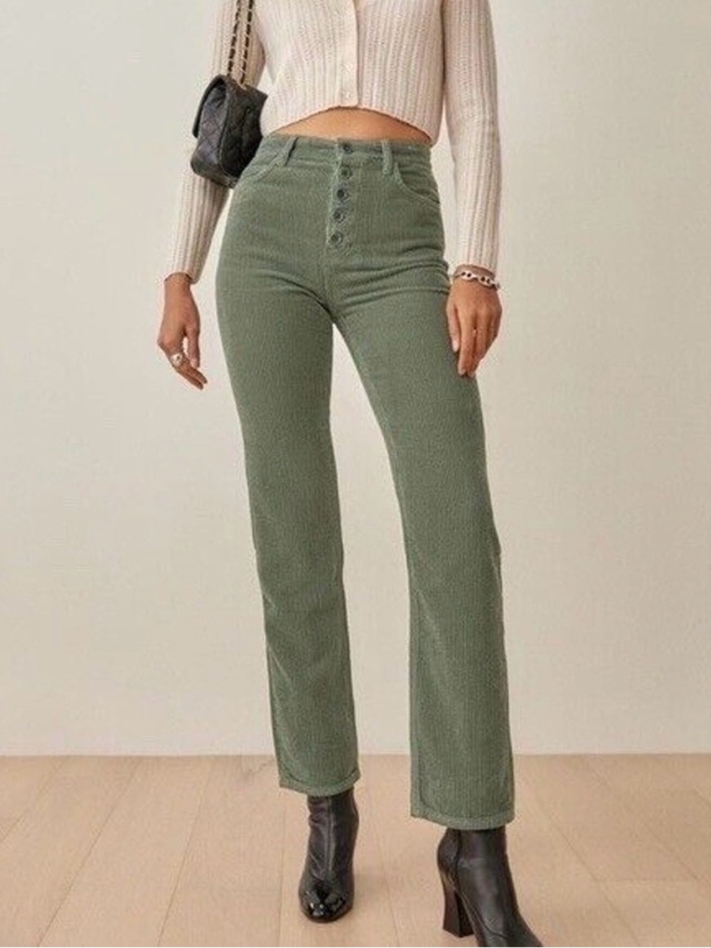 REFORMATION Cynthia Corduroy High Rise Button Fly Straight Leg Army Green 28